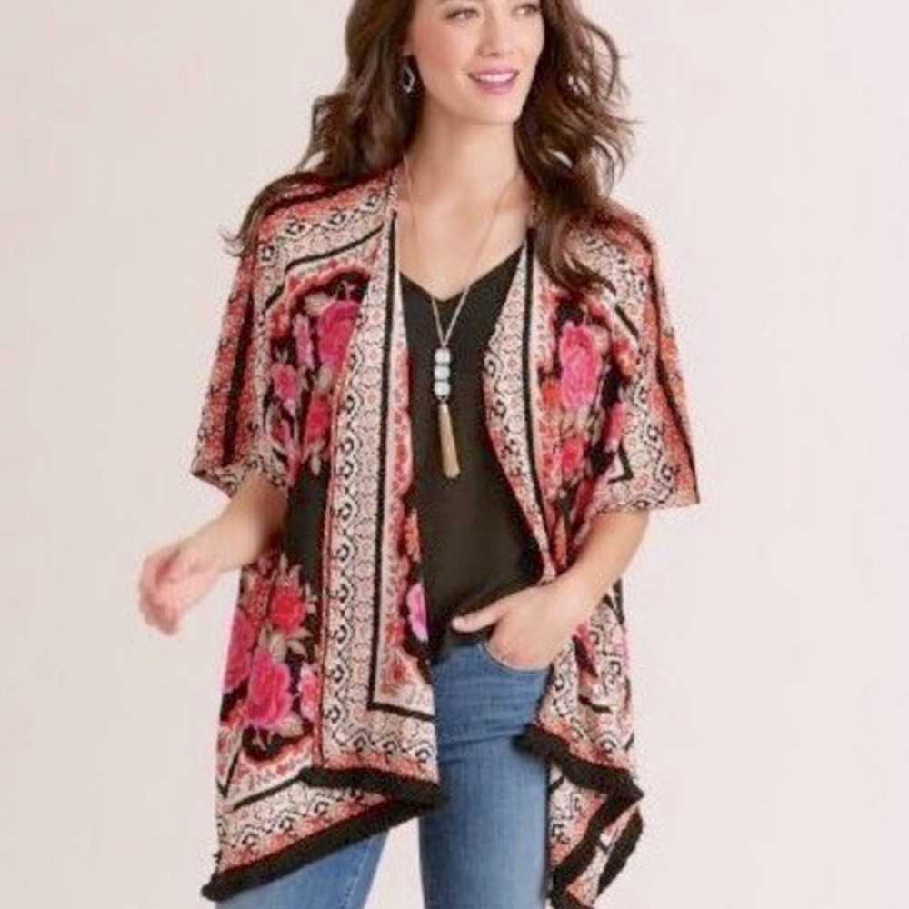 Cost Plus World Market Floral Kimono Top - Black and Pink